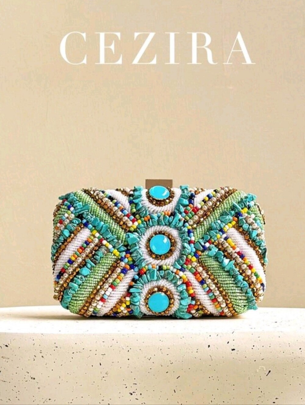 Cezira Turquoise Beaded Evening Clutch